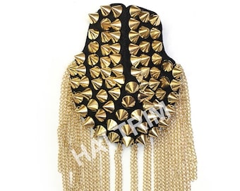 Sold PER PIECE! Black Gold Gunmetal Chain Spike Epaulets, Fancy Shoulder Patches, Shiny Beaded Costume Appliques with Chain Tassels, EP-003