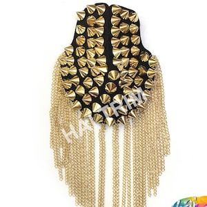 Sold PER PIECE! Black Gold Gunmetal Chain Spike Epaulets, Fancy Shoulder Patches, Shiny Beaded Costume Appliques with Chain Tassels, EP-003