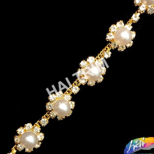 Gold Silver Pearl Crystal Rhinestone Trimming, Wedding or Formal Rhinestone Flower Trim, Crystal Rhinestone Trim by the yard, PRL-02
