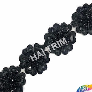 Embroidered Lace Formal Couture Trimming, Machine Embroidered Black Trim, Elegant Flower Trims by the yard, EMB-41