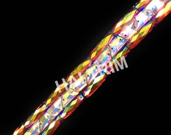 Multicolored Resin Iridescent Iron on Trim by the yard, Gel back Clustered Colorful Rhinestone Banding by the yard, IRT-081