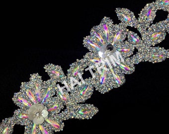 Silver AB Flower Iron on Trim by the Yard, Gel back Clustered Rhinestone Sequins Floral Banding by the Yard, IRT-108