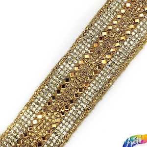 1 1/4&quot; Metallic Gold Diamond Rhinestone Iron on Trim, Gold Crystal Rhinestone Iron on Trim, Gel back Rhinestone Banding by the yard, IRT-050