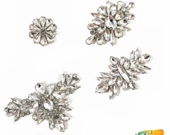 Crystal Flower Rhinestone Applique on Gel Backing with Prong Setting, Fancy Rhinestone Patch for Headpieces, IA-050, 051, 052, 053