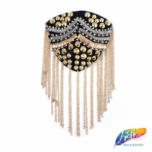 Svartguldfärgade kedjespikar i pistolmetall, fina axellappar, glänsande pärlbroderade kostymapplikationer med kedjetofsar, säljs styckvis, EP-004