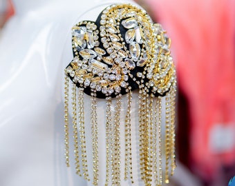 Sold PER PIECE! Beaded Rhinestone Crystal Epaulets, Fancy Shoulder Patches, Shiny Beaded Dance Costume Appliques with Chain Tassels, EP-032