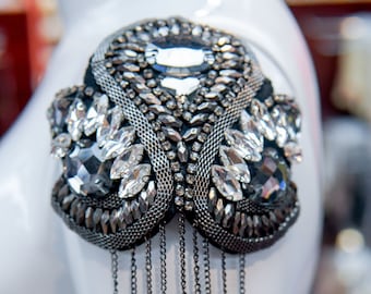 Sold PER PIECE! Beaded Chained Stone Epaulets, Fancy Shoulder Patches, Shiny Beaded Chained Dance Costume Appliques with Chain, EP-007