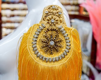 Sold PER PIECE! Beaded Rhinestone Epaulets, Fancy Shoulder Patches, Shiny Beaded Dance Costume Appliques with Tassels ,EP-026