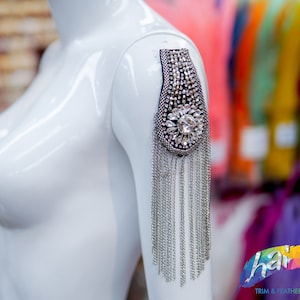 Sold PER PIECE! Silver Beaded Chained Epaulets, Fancy Shoulder Patches, Shiny Chained Dance Costume Appliques sold per piece, EP-019, 020