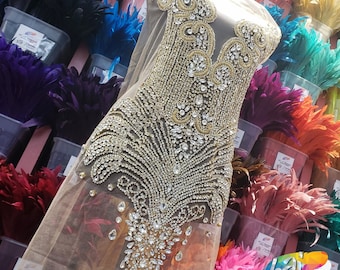 Crystal Beaded Rhinestone Dress Bodice Applique with Mesh, Crystal AB Formal Wedding Prom Crystal Rhinestone, BRD-002