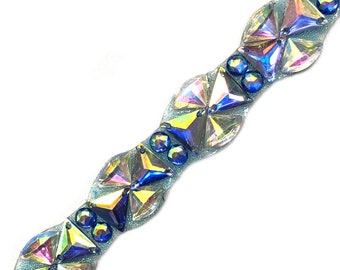 Multicolored/Crystal AB/Royal Blue/Aqua AB/Pink Resin Stone Iron on Trim by the yard, Gel back Clustered Stone Banding, IRT-092
