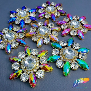 SALE! Colored Rhinestone Applique, Fancy Beaded Patch, Glass Stones Metal Medallion for Dance Costumes (Sold per PIECE), YH-083
