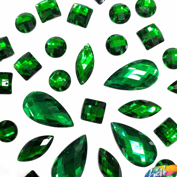 Loose Kelly Green Resin Rhinestones Green Sew On Stones Different Shapes Crystals  Gems with Holes by the Pack DD21