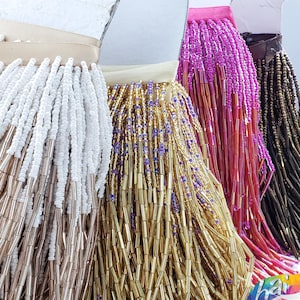 5 1/4&quot; Variegated Beaded Fringe by the Yard, Wavy Bugle and Seed Beaded Fringe for Dance Broadway Carnival Performance Costumes, FR-018