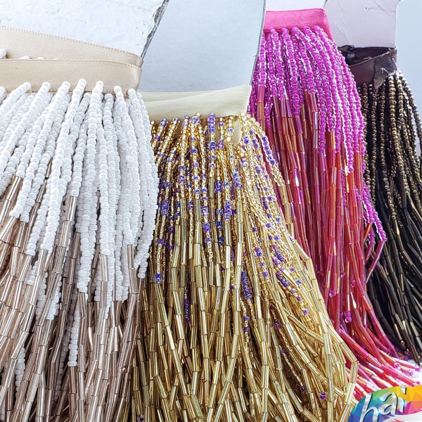 5 1/4" Variegated Beaded Fringe by the Yard, Wavy Bugle and Seed Beaded Fringe for Dance Broadway Carnival Performance Costumes, FR-018