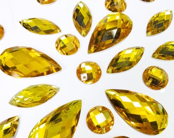 Loose Yellow  Resin Rhinestones Yellow Gold Sew On Stones Different Shapes Crystals Gems with Holes by the Pack DD05