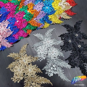 Embroidered Flower Applique with Glitter and Rhinestones, Embroidery Floral Patch w/ Sequins for Dance Performance Wear Sold by Piece LAP-43