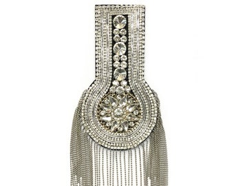 Sold PER PIECE! Gold Silver Gunmetal Beaded Chained Epaulets, Fancy Shoulder Patches, Shiny Beaded Chained Dance Costume Appliques, EP-029