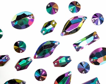 Metallic AB Resin Rhinestones Purple Lavender Green AB Sew On Iridescent Different Shapes Crystals Gems with Holes by the Pack Color C