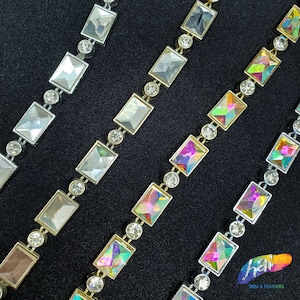 Rhinestone Plastic Stud Trim, Gold Iridescent rectangle trim with acrylic stones, Decorative silver AB acrylic banding by the yard, PST-043
