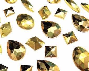 Metallic Gold Resin Rhinestones Sew On Stones  Different Shapes Metal Gems with Holes by the Pack