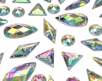 Loose Clear AB Resin Plastic Acrylic Rhinestones Crystal AB Sew On Iridescent Different Shapes Crystals Gems with Holes by the Pack DDAB01