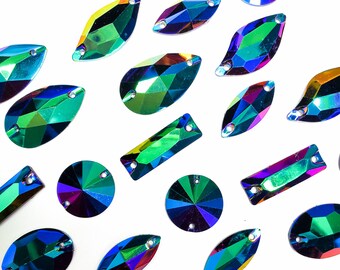 Diamantes de imitación de resina AB metálicos, azul, rojo, verde, AB, iridiscentes, de diferentes formas, cristales, gemas con agujeros por paquete, color B