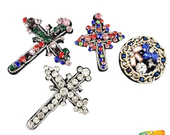 Colorful Cross and Round Rhinestone Beaded Applique & a Felt Backing, Perfect for Hats, Clothes, Jackets or Accessories, BA-048,049,050,051