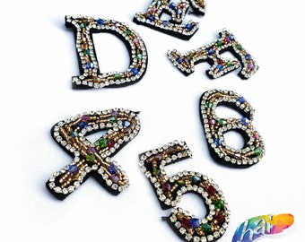 Colored Beaded Rhinestone Letters on Felt, Fancy Letters Numbers Patches