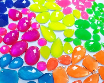 Neon Stones, Fluorescent Color Resin Rhinestones, Pink Sew On Colorful Different Shapes, Yellow Shiny Gems with Holes by the Pack