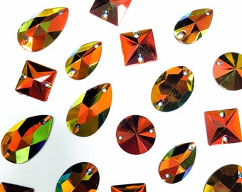 Metallic AB Resin Rhinestones AB Sew On Red Orange Green Iridescent Different Shapes Crystals Gems with Holes by the Pack Color F