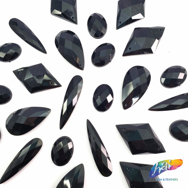Black Acrylic Rhinestones Sew On Stones  Different Shapes Gems with Holes by the Pack, A21