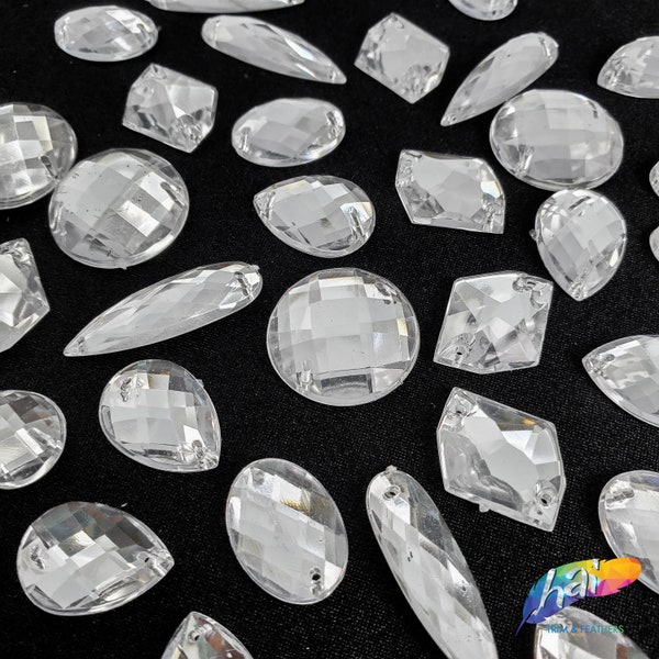 Clear Acrylic Rhinestones Crystal Sew On Stones  Different Shapes White Gems with Holes by the Pack, A2