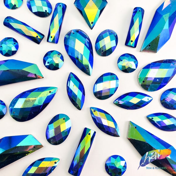 Loose Royal Blue AB Resin Rhinestones Sew On Iridescent Different Shapes Crystals Gems with Holes by the Pack DDAB07