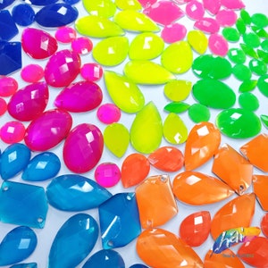 Neon Stones, Fluorescent Color Resin Rhinestones, Pink Sew On Colorful Different Shapes, Yellow Shiny Gems with Holes by the Pack