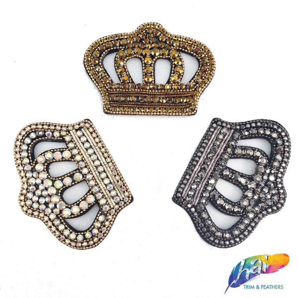 Crystal Rhinestone Crown Applique with Rhinestone Trim Glued on a Black Felt, Intriguing Rhinestone Patch for Headpieces, BA-021