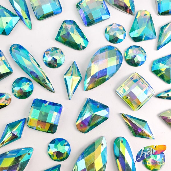 Loose Aqua AB Resin Rhinestones Sew On Iridescent Different Shapes Crystals Gems with Holes by the Pack DDAB05