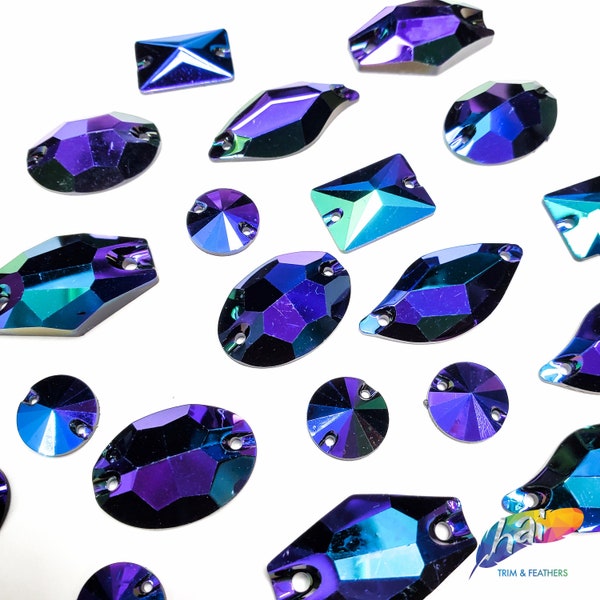 Metallic AB Resin Rhinestones Blue Purple AB Sew On Iridescent Different Shapes Crystals Gems with Holes by the Pack Color D