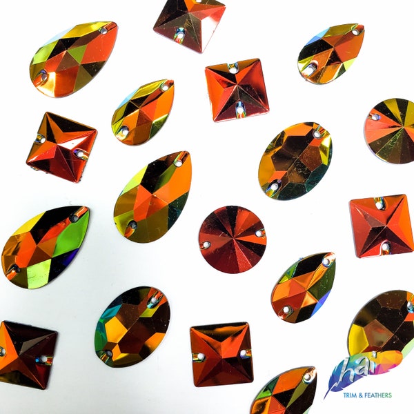 Metallic AB Resin Rhinestones AB Sew On Red Orange Green Iridescent Different Shapes Crystals Gems with Holes by the Pack Color F