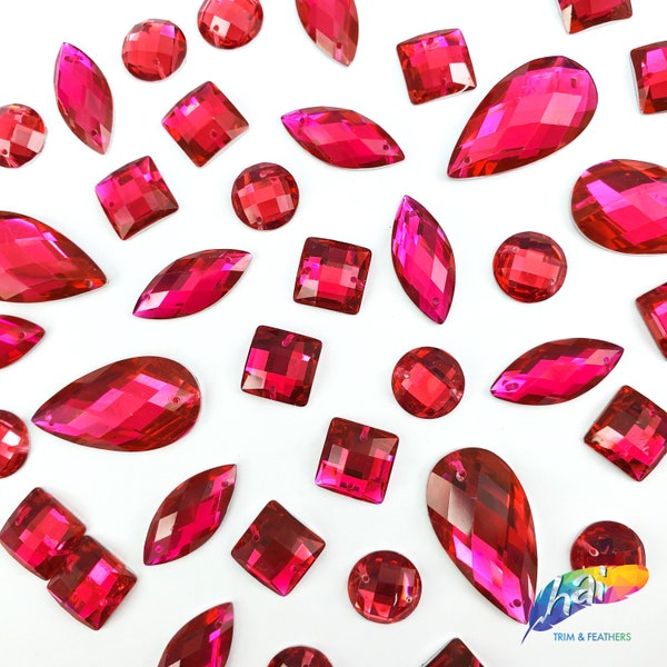 Loose Fuchsia Pink Resin Rhinestones Hot Pink Sew On Stones Different Shapes Crystals Gems with Holes by the Pack DD136