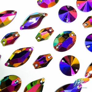 Metallic AB Resin Rhinestones Purple Red Green Stones AB Sew On Iridescent Different Shapes Crystals Gems with Holes by the Pack Color A image 1