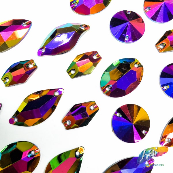 Metallic AB Resin Rhinestones Purple Red Green Stones AB Sew On Iridescent Different Shapes Crystals Gems with Holes by the Pack Color A