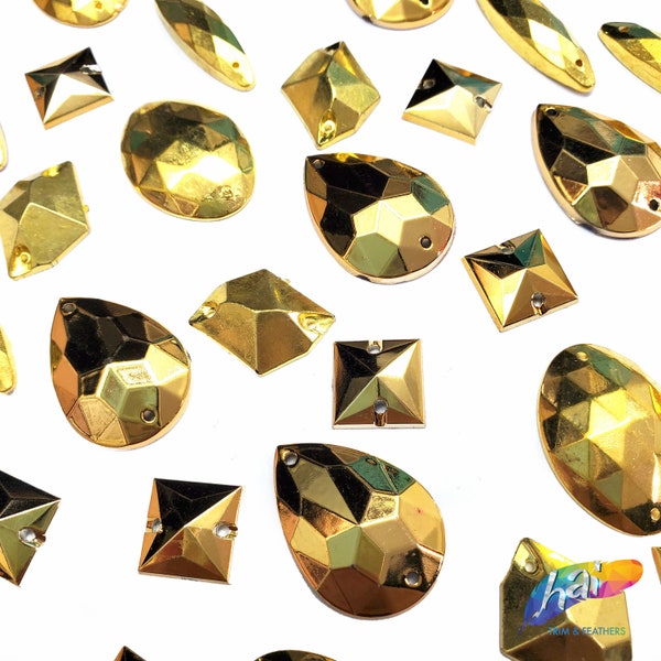 Metallic Gold Resin Rhinestones Sew On Stones  Different Shapes Metal Gems with Holes by the Pack