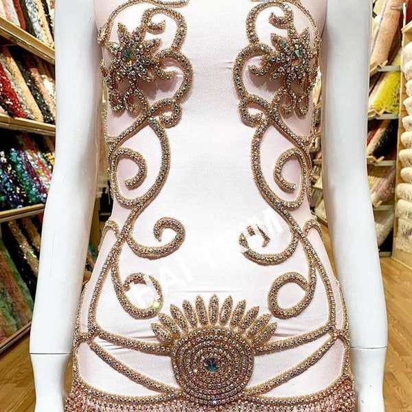 SALE! Rhinestone Bodice Applique, Flower Rhinestone Applique with Rhinestone Fringe, Formal Wedding Prom Crystal Rhinestone, RCN-002