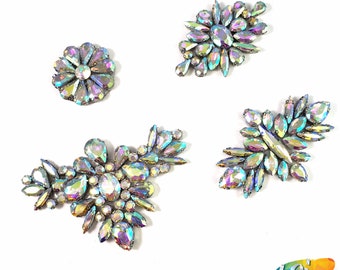 Crystal AB Flower Rhinestone Applique on Gel Backing with Prong Setting, Fancy Rhinestone Patch for Headpieces, IA-050, 051, 052, 053