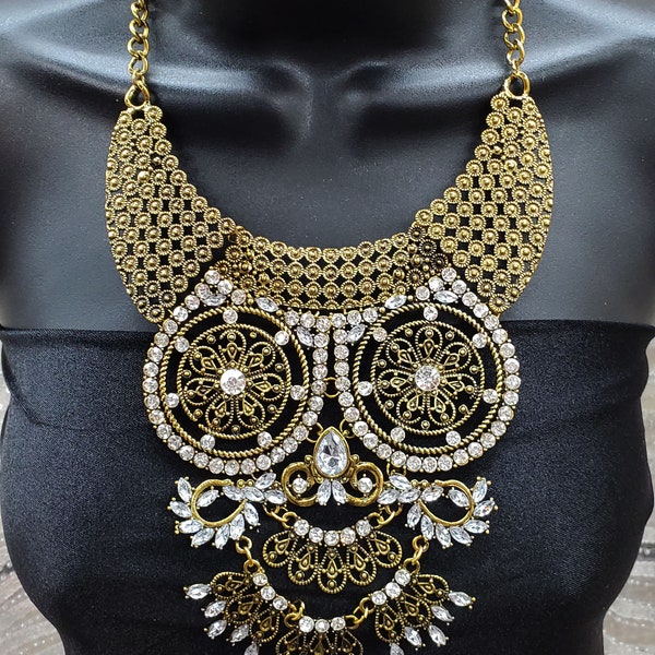Tribal Necklace, Vintage Gold Collar, Boho Chic Jewelry Statement Choker, Traditional Pendant Ethnic Fashion Crystal Bohemian Bib, NEK-039