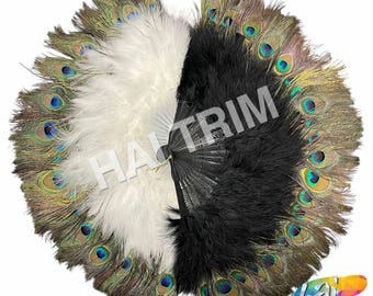 Peacock Marabou Feather Fan, Black Feather Fan, White Peacock Fan
