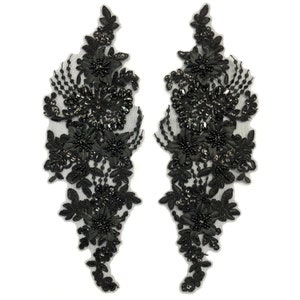 Black Beaded Rhinestone Lace Applique, Embroidered Flower Lace Patch for Wedding and Formal Wear, LAP-39