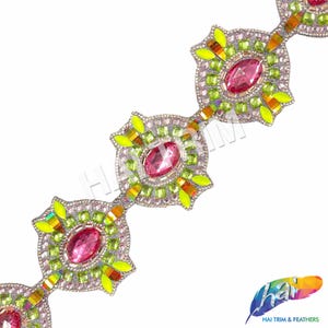 3 1/4&quot; Pink/Lime Green/Neon Yellow Resin Iridescent Iron on Trim by the yard, Gel back Clustered Multicolored Rhinestone Banding, IRT-077-1
