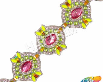 3 1/4" Pink/Lime Green/Neon Yellow Resin Iridescent Iron on Trim by the yard, Gel back Clustered Multicolored Rhinestone Banding, IRT-077-1